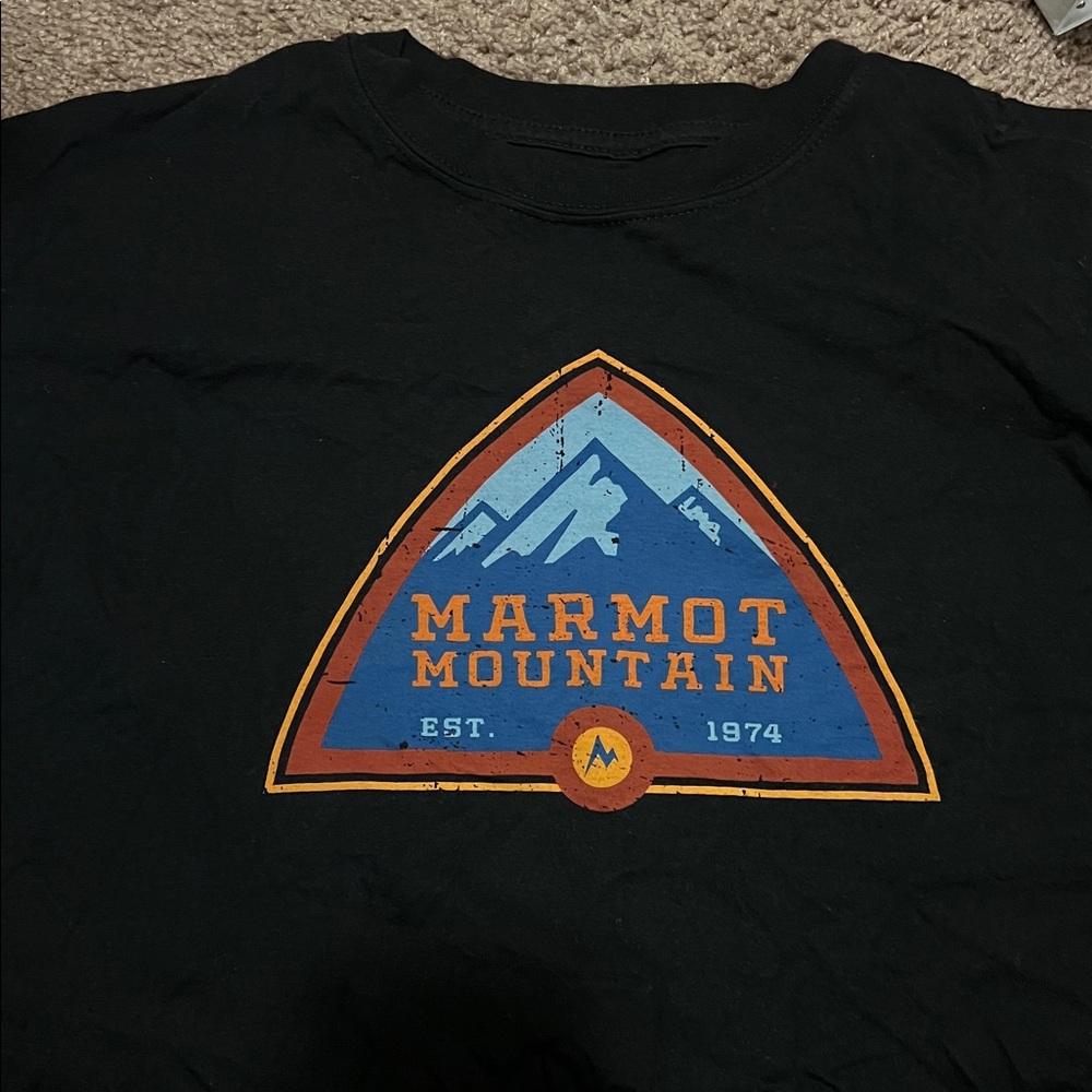 Marmot Black Tee with Colorful Mountain Graphic